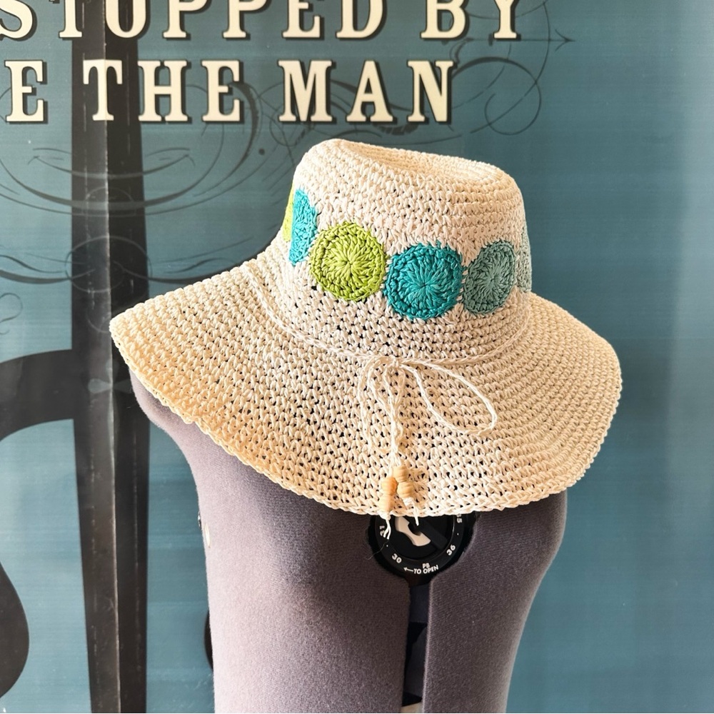 Vintage Straw Sun Hat with Teal and Lime Crochet Accents - Picture 2 of 4